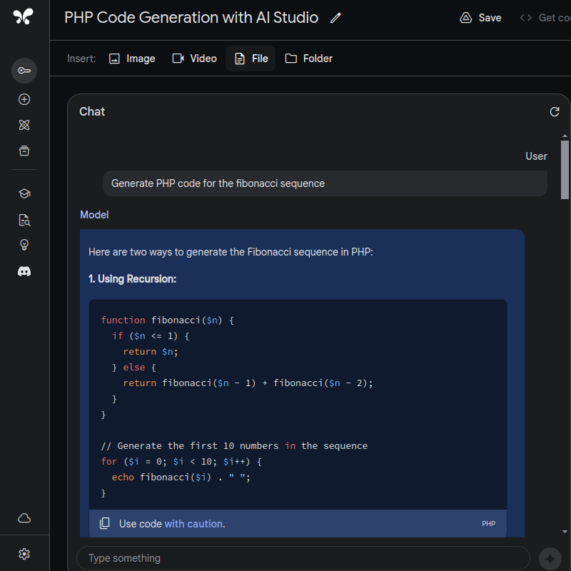 PHP Code Generation with AI Studio Fibonacci Sequence Function